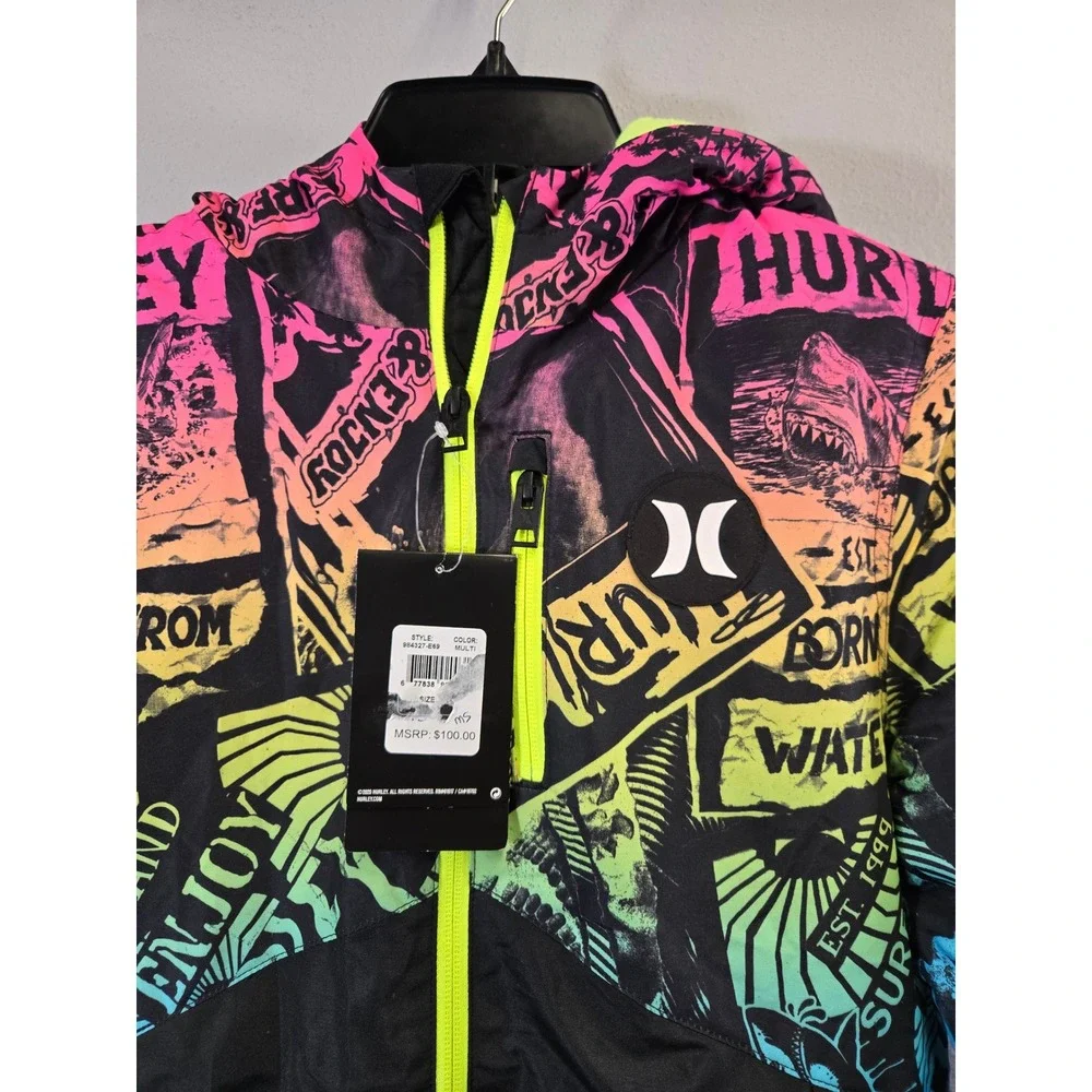 Hurley Neon Graffiti Graphic Fleece Lined Hooded Puffer Jacket Size Medium